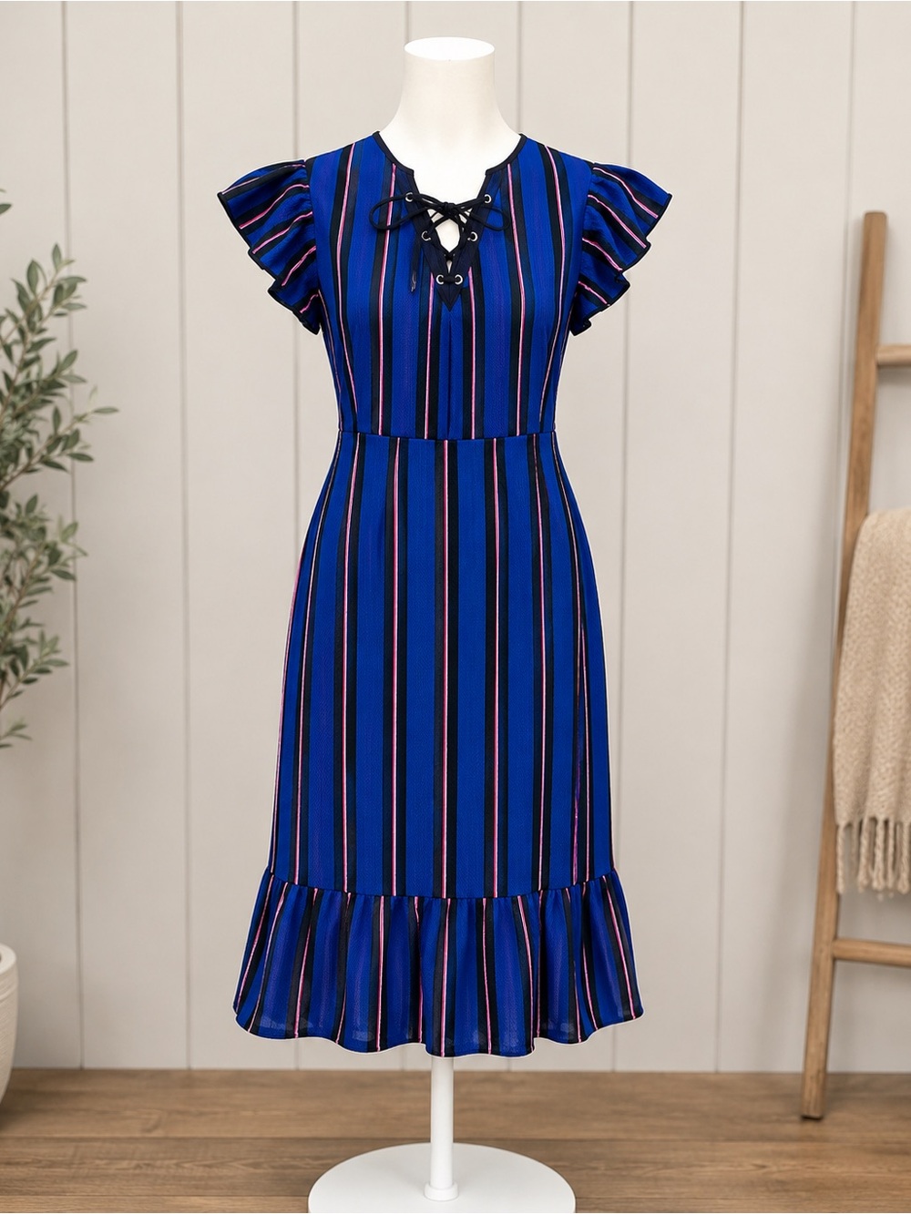 XOXO Royal Blue Striped Lace-Up Midi Dress